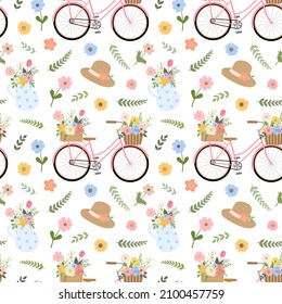 Vintage style pattern with floral bicycle, a pitcher with flowers and branches, hat. Isolated on white background. Romantic botanical garden print for textile design, cards.
