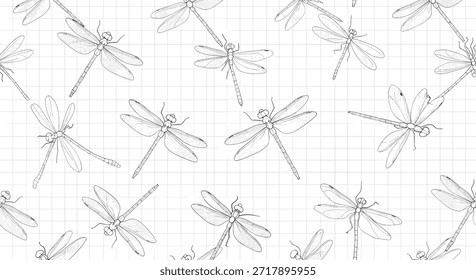 Patrón de estilo de Antiguas de libélulas dibujadas a mano sobre fondo de papel de cuadrícula técnica para investigación científica e ilustración.