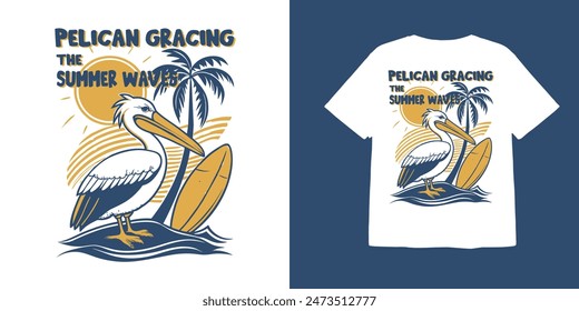 Vintage style pelican with surf illustration design and pelican gracing the summer waves text