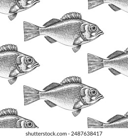 Vintage Style Perch Seamless Pattern. Vector Hand Drawn Fish Background. High Quality Old Fashion Illustration