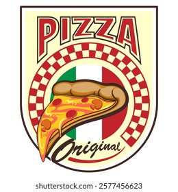 vintage style pizza emblem logo with illustration of a slice of pizza, work of hand drawn