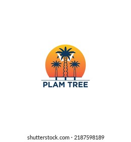 Vintage style plam trees silhouette with sun, sun beach logo design, sunset with island logo design vector illustration
