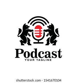 vintage style podcast vector logo. webcast audio record with two wolf black and red color  