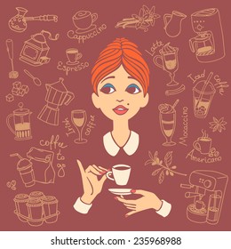 Vintage style portrait of red haired young woman holding coffee cup in one hand and saucer in another hand, surrounded by coffee doodles. Vector illustration