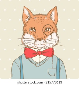 Vintage style portrait with retro hipster fox in monocle. Vector illustration