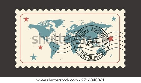 Vintage style postage stamp featuring blue world map and red stars with postal cancellation mark for international travel and logistics.