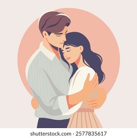 Vintage style postcard for Valentine's Day, Family Day. Man and woman in each other's arms, symbolizing romance and tenderness. Vector illustration symbolizes love and care. 