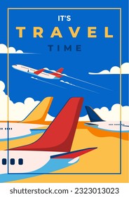 A vintage style poster with a Airplane and Airport. Retro Travel time poster flat design. Vector Illustration