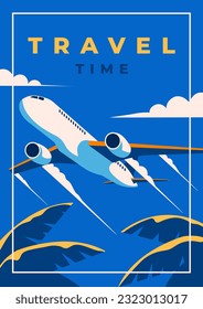 Afiche de estilo vintage con un avión y nubes. Diseño plano de afiche de época de viajes retro. Ilustración vectorial