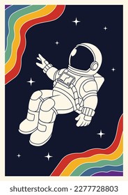 vintage style poster with astronaut and rainbow in the background. vector illustration