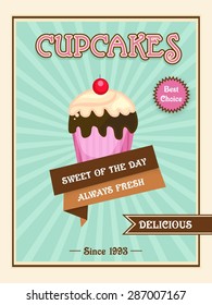 Vintage style poster, banner, flyer or menu card design for sweet cupcakes bakery. 