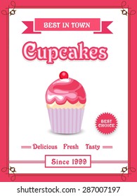 Vintage style poster, banner, flyer or menu card design for sweet cupcakes bakery. 