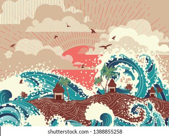 Vintage style poster with big waves and tropical island with houses and palm trees.