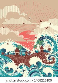 Vintage style poster with big waves and tropical island with houses and palm trees.