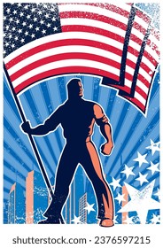 Vintage style poster featuring a bold silhouette against an American flag backdrop, accentuated with dynamic lines and a modern cityscape.