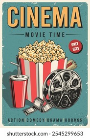 A vintage style poster featuring popcorn in a striped container alongside a drink and a film reel. It showcases the excitement of movie watching with a focus on action drama and horror genres.