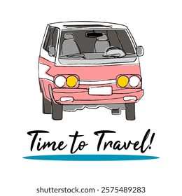 A vintage style poster with a minibus and lettering slogan: Time to Travel!. Hand drawn nostalgic flat art design. Vector Illustration.