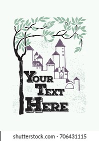 Vintage Style Poster with old castle and tree for greeting card, Book cover of Fairy Tales other print or any wallpaper