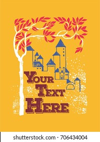 Vintage Style Poster with old castle and tree for greeting card, Book cover of Fairy Tales other print or any wallpaper