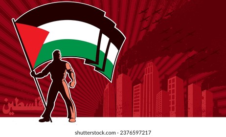 Vintage style poster with powerful figure standing with the Palestinian flag amidst gritty, urban backdrop, creating visually striking representation of nationalism and pride.