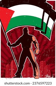Vintage style poster with powerful figure standing with the Palestinian flag amidst gritty, urban backdrop, creating visually striking representation of nationalism and pride.