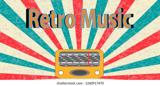 Vintage style poster at retro party banner, invitation, flyer, advertisement. Vector illustration of retro disco and dance. Old receiver. Retro music