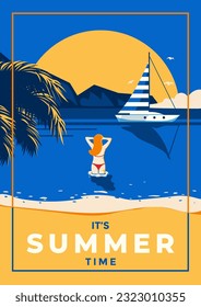 A vintage style poster with a Sea and a woman going in to water. Retro Summer holiday poster flat design. Vector Illustration