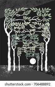 Vintage Style Poster with trees and sun for greeting card, Book cover of Fairy Tales other print or any wallpaper