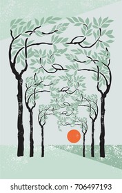 Vintage Style Poster with trees and sun for greeting card, Book cover of Fairy Tales other print or any wallpaper
