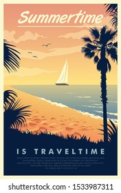 A Vintage Style Poster With A Tropical Beach And A Sailboat On The Sea With The Text Summertime Is Travel Time.