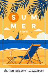 A vintage style poster with a tropical beach and a deck chair on the beach. Summer holiday poster flat design. Vector Illustration