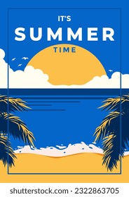 Afiche de estilo vintage con playa tropical y puesta de sol en el mar. Diseño plano de afiche de época de viajes retro. Ilustración vectorial