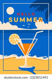 A vintage style poster with a tropical Cocktail beach party. Retro Summer holiday poster flat design. Vector Illustration