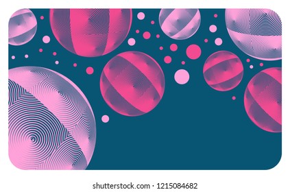 vintage style poster with vibrating spheres in space blue pink shades