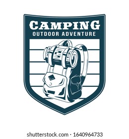 Vintage style print apparel design vector illustration of emblem, patch, badges with old backpack for journey with some stuff for traveling. Adventure, travel, summer camping, outdoor, natural.