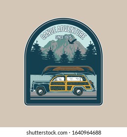 Vintage style print design vector illustration emblem, patch, badge  with old camper car for travel and wooden canoe on the roof for river trip. Adventure, summer camping, outdoor, natural, concept.
