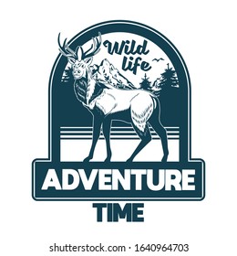 Vintage style print design vector illustration of emblem, patch, badges with wild animal forest deer with big horns with trees and mountains. Adventure, travel, camping, outdoor, natural, concept.