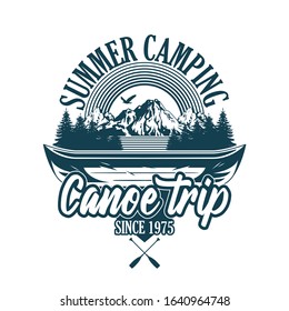 Vintage style print design vector illustration of emblem, patch, badges with wooden canoe for river trip and some trees and mountains. Adventure, travel, summer camping, outdoor, natural, concept.