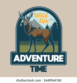 Vintage style print design vector illustration of emblem, patch, badges with wild animal forest deer with big horns with trees and mountains. Adventure, travel, camping, outdoor, natural, concept.