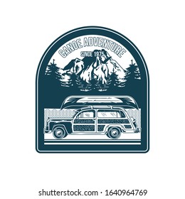 Vintage style print design vector illustration emblem, patch, badge  with old camper car for travel and wooden canoe on the roof for river trip. Adventure, summer camping, outdoor, natural, concept.