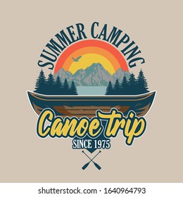 Vintage style print design vector illustration of emblem, patch, badges with wooden canoe for river trip and some trees and mountains. Adventure, travel, summer camping, outdoor, natural, concept.