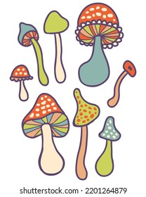 Vintage style psychedelic print with whimsical mushrooms. Perfect for tee, posters, stickers. Hand drawn vector illustration for decor and design.

