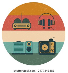 Vintage style radio, television, and headphones. The radio and television are on the left side of the image, while the headphones are on the right. Scene is nostalgic and retro