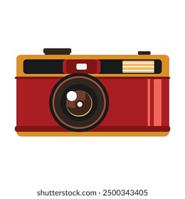 A vintage style red camera with a large lens and yellow detailing, evoking nostalgia for the analog photography era