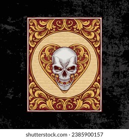 vintage style red heart ace poker skull illustration with ornaments and borders. textured black background