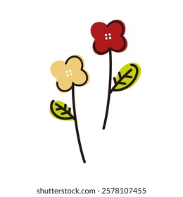Vintage style red and yellow flower decoration. Nature, blossom, plant, floral concepts. Flat decorative vector design isolated illustration. 