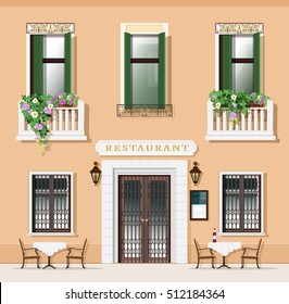 Vintage Style Restaurant Facade. Old-fashioned Cafe With Tables And Chairs. European Street With Restaurant Exterior. Vector Illustration. 