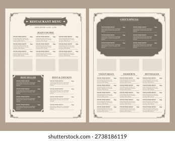 Vintage style restaurant menu template. Food menu template for restaurant.