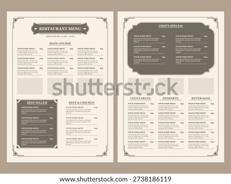 Vintage style restaurant menu template. Food menu template for restaurant.