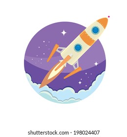 vintage style retro poster illustration of Space rocket in space. vector illustration